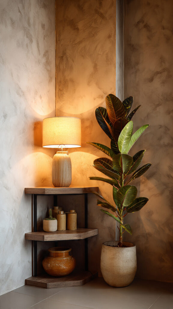 a corner decorated with a plant lamp
