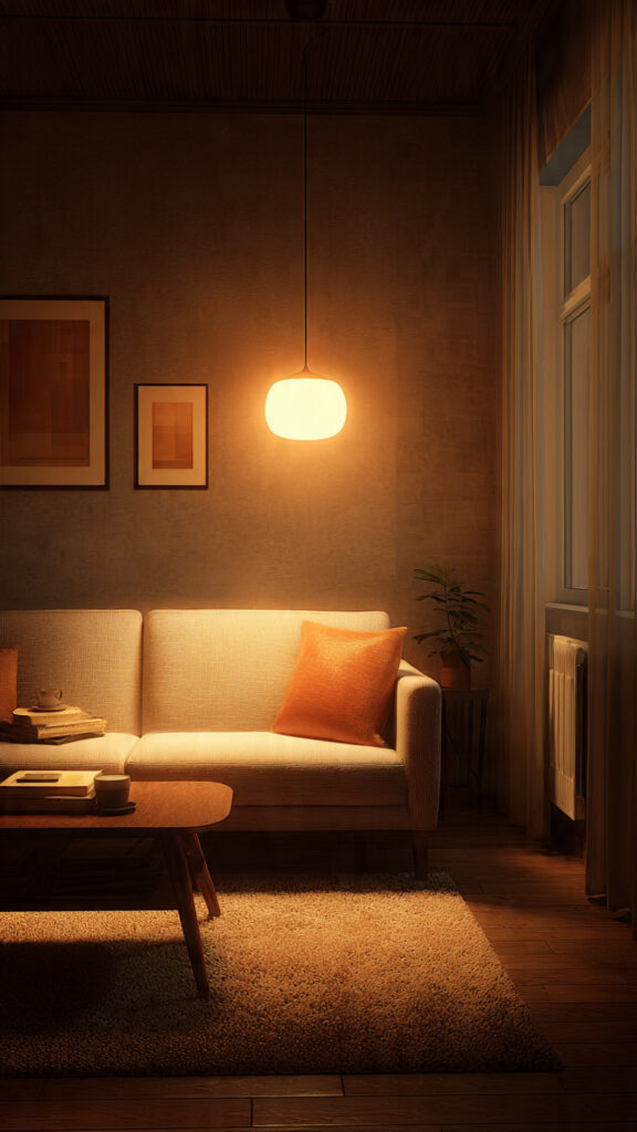 a cozy room with warm smart lighting