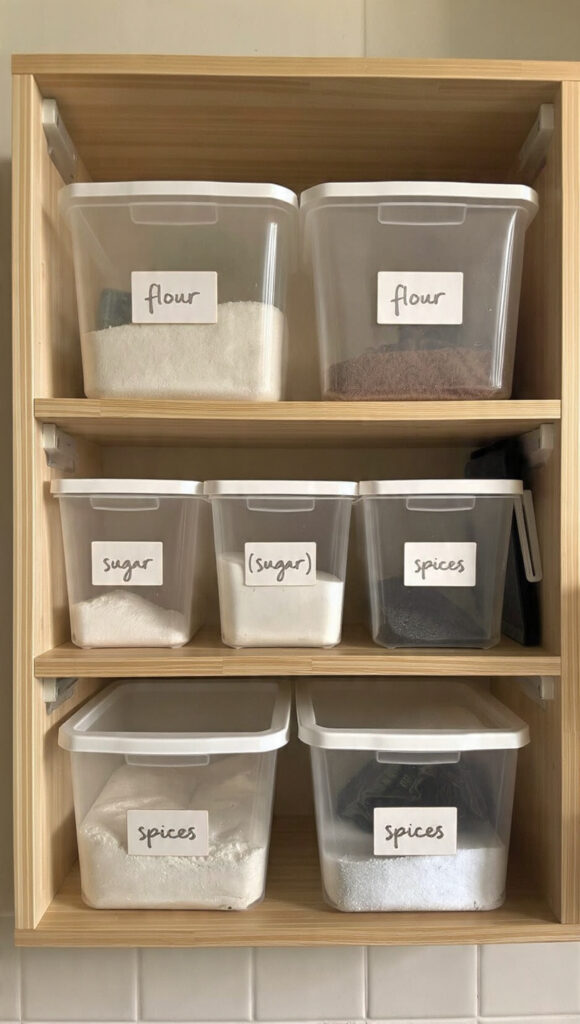 a neatly arranged kitchen shelf with labeled